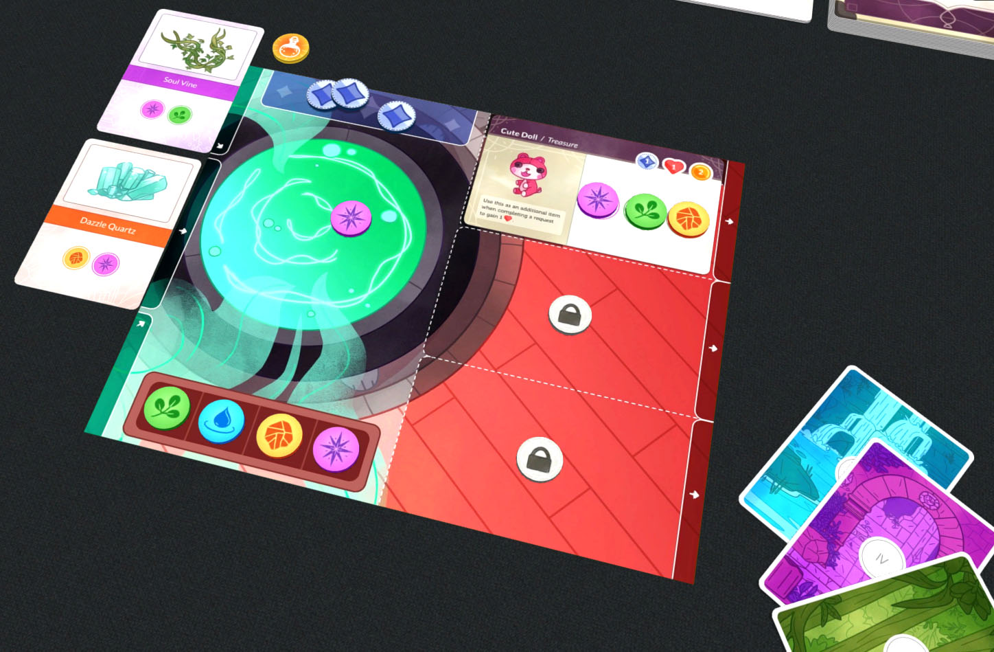 Player board set-up for the crafting phase of Cauldron Crafters.