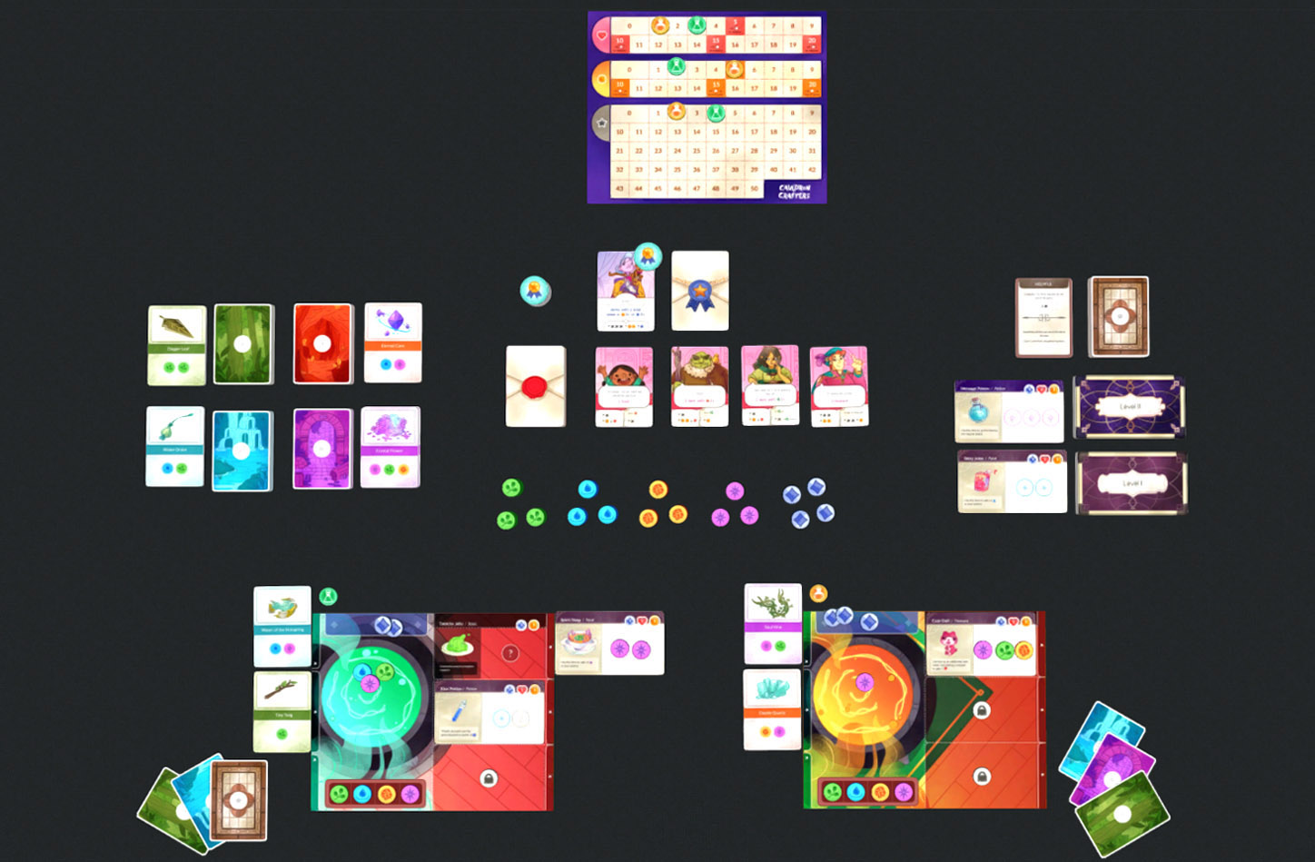 Example of game set-up for a 2-player game of Cauldron Crafters.