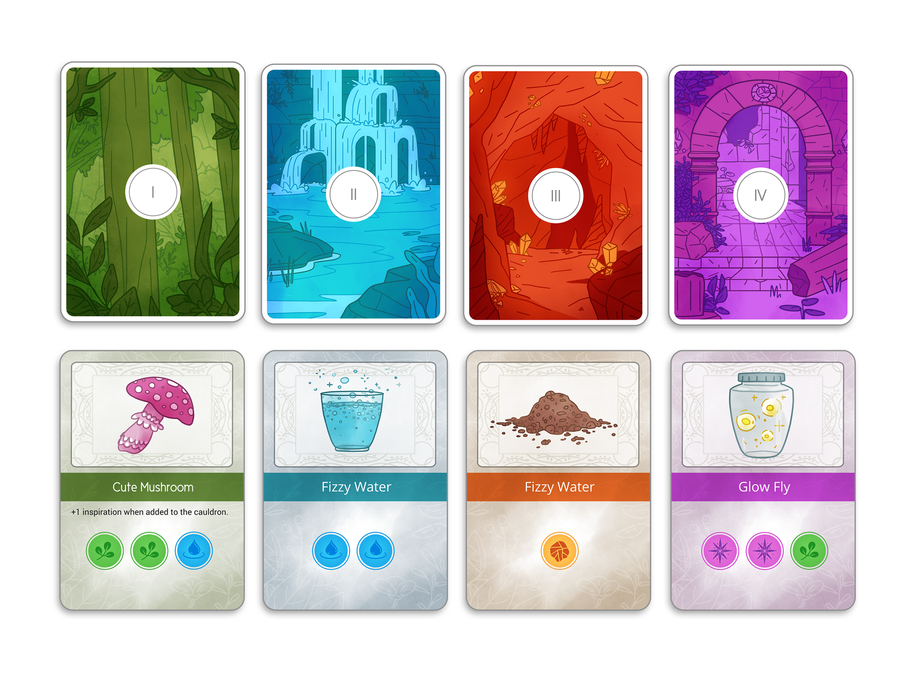 Showing the card decks for the gathering phase of Cauldron Crafters.