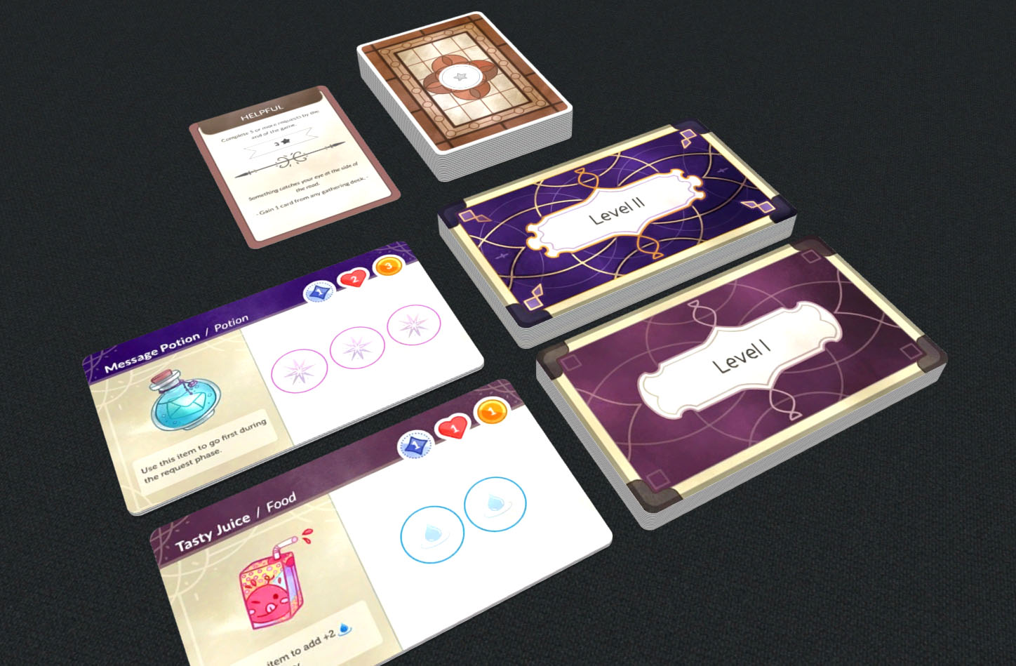 Recipe and reputation cards for the inspiration phase of Cauldron Crafters.