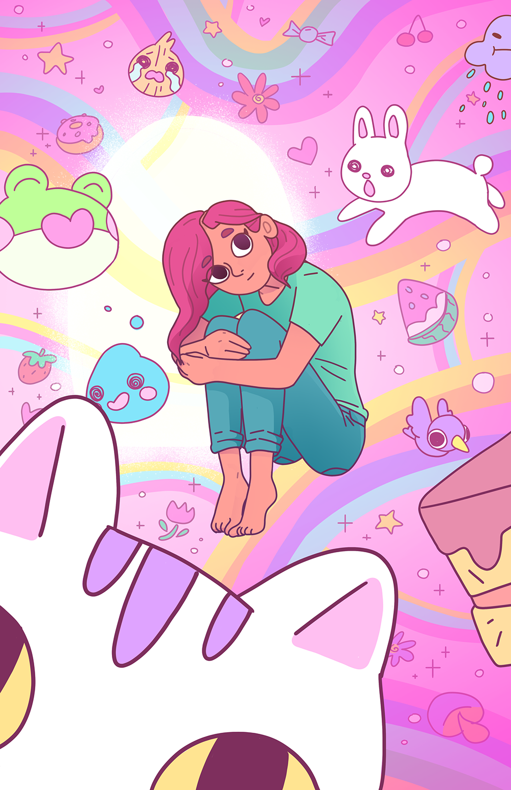 girl sitting in a world surrounded by cute food and animals