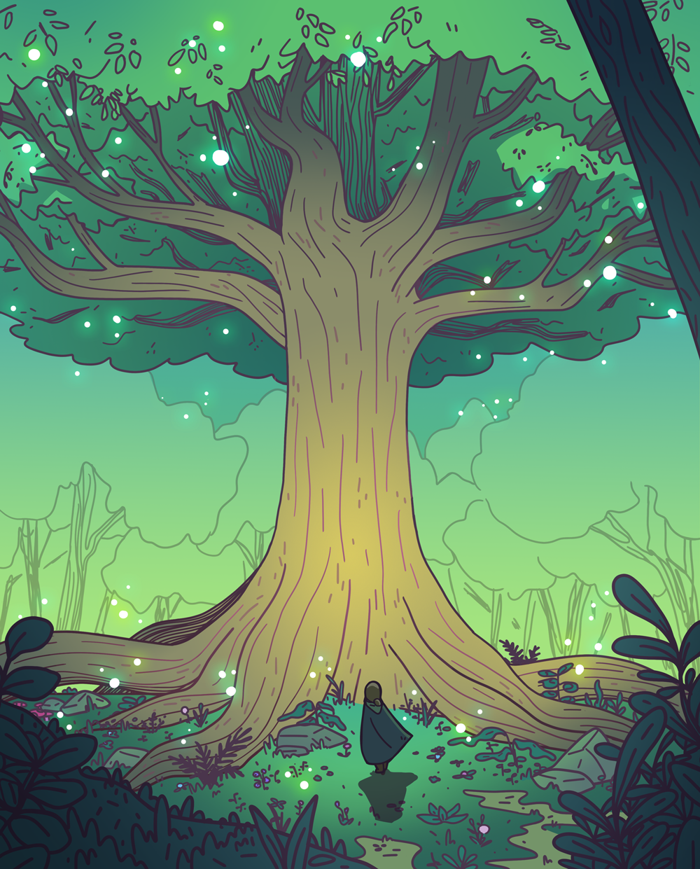 a druid approaches the great tree